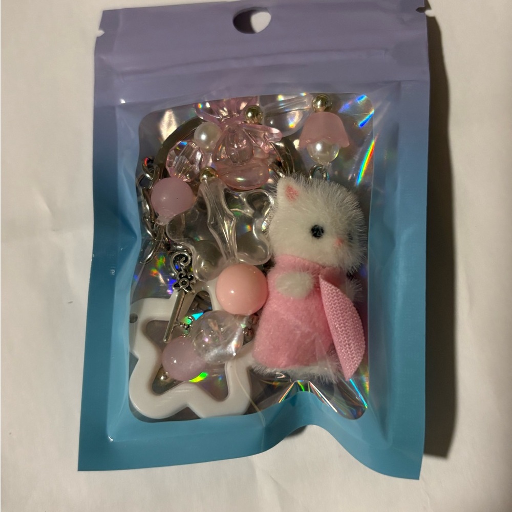 Pink and White Plush Cat Keychain Toy